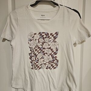Anthropologie Maeve Crew Neck Baby Tee Fun Brown And Blue Floral Design Size XS